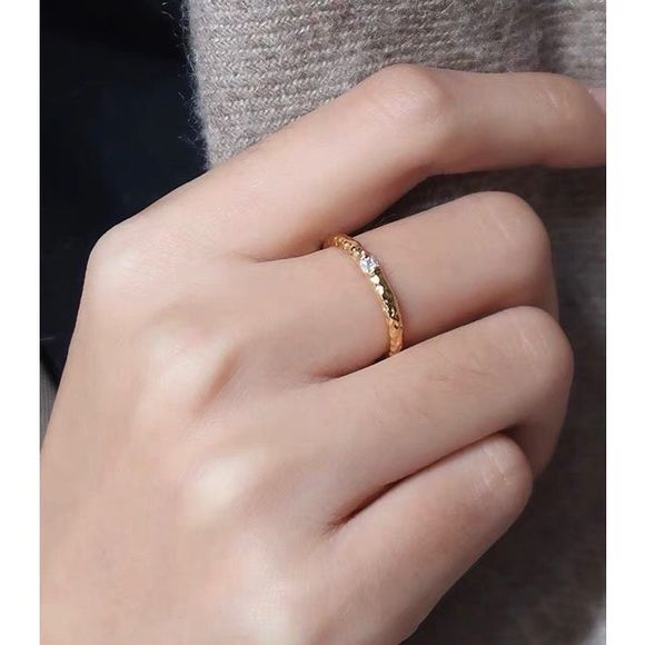 18K Gold Plated Hand Hammered Dainty Minimalistic Solitaire Band Ring - Picture 5 of 6